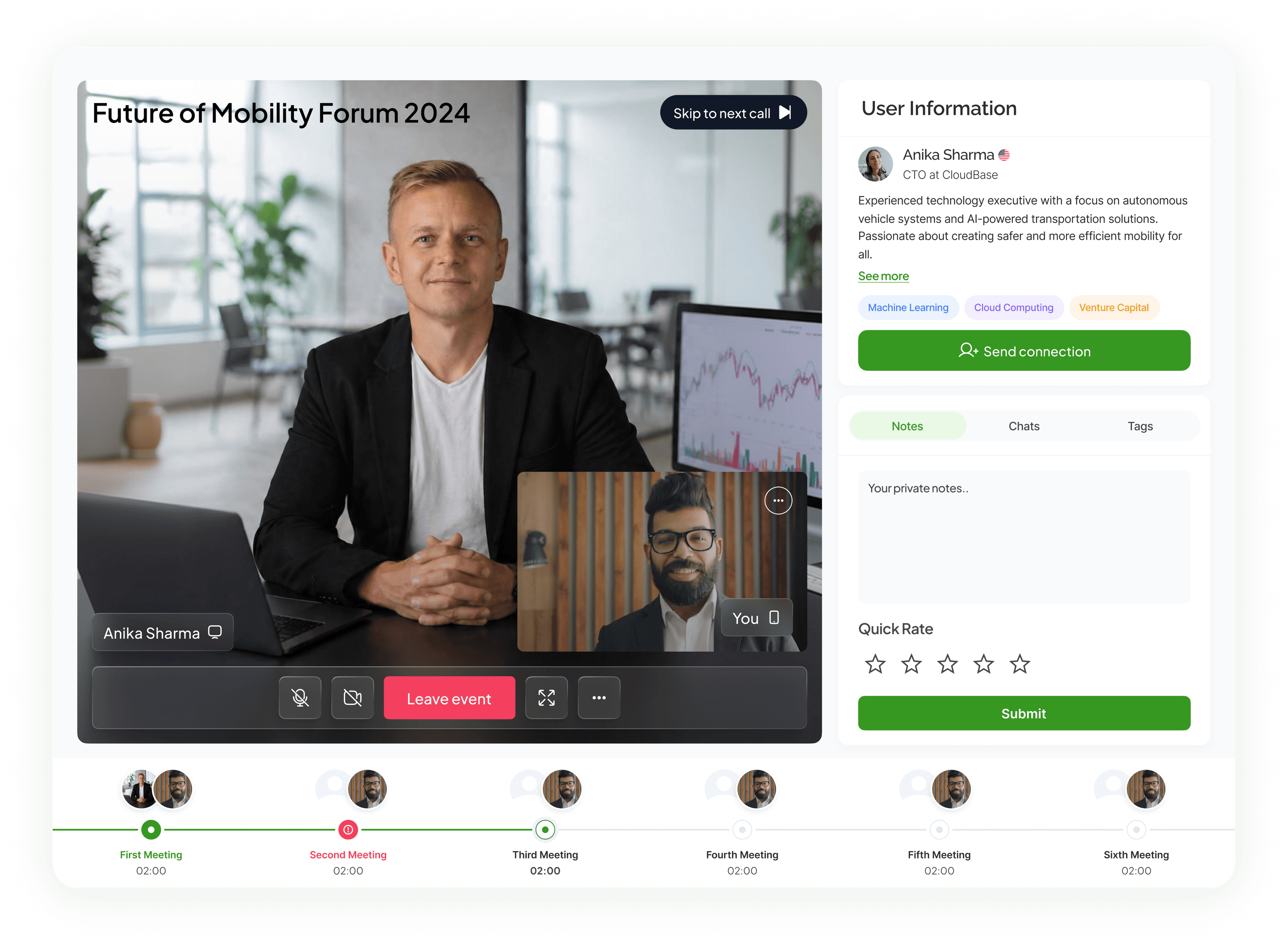 A 10-minute Netwoorking AI netwos video call, with the other person's profile, private notes and a quick rating alongside