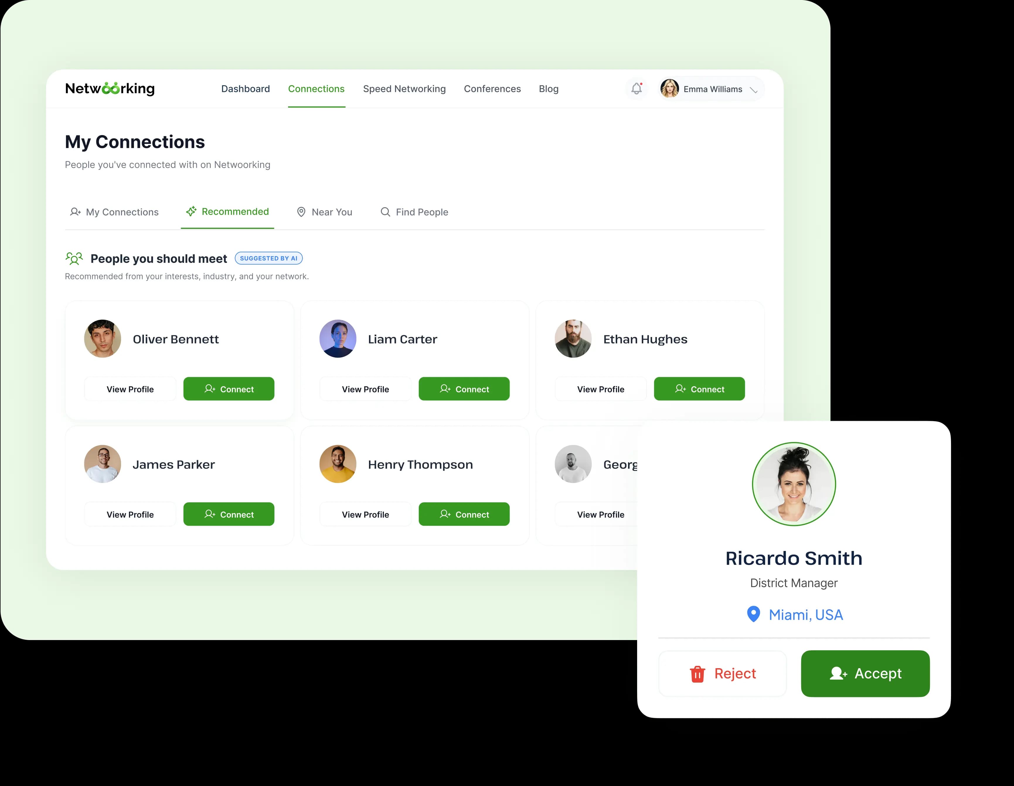 Netwoorking AI connections view, showing recommended people to meet and an incoming connection request