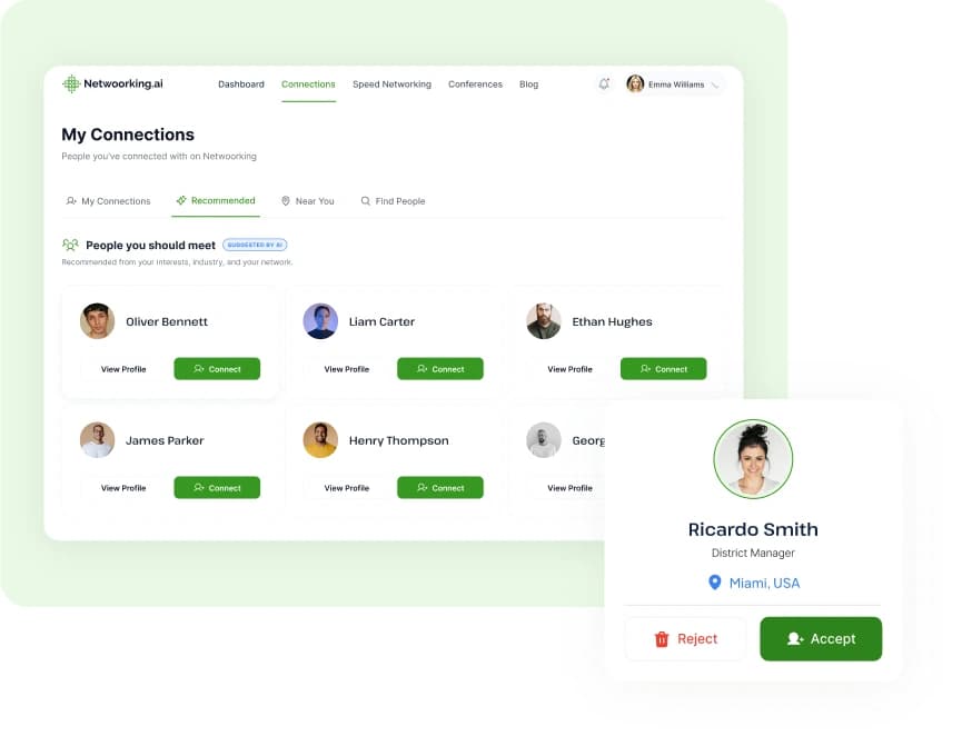 Netwoorking AI connections view, showing recommended people to meet and an incoming connection request