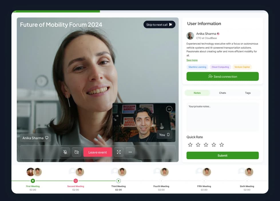 A 10-minute Netwoorking AI speed networking video call, with the other person's profile, private notes and a quick rating alongside