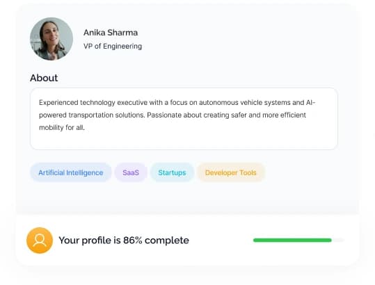 A Netwoorking AI profile with headline, about section, interest tags and an 86% completion bar