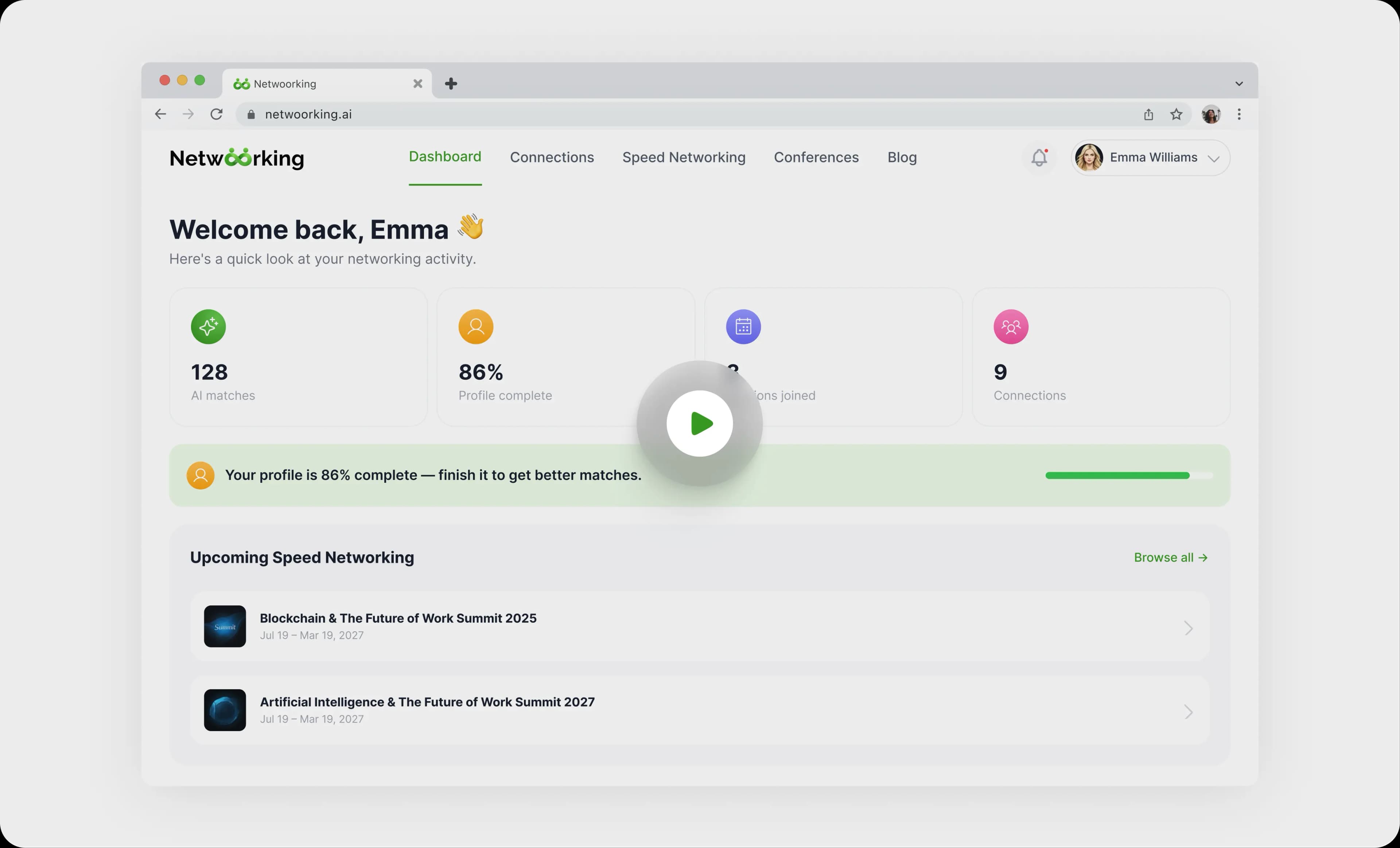 The Netwoorking AI dashboard in a browser window, with a play button overlaid