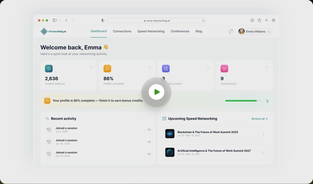 The Netwoorking AI dashboard in a browser window, with a play button overlaid