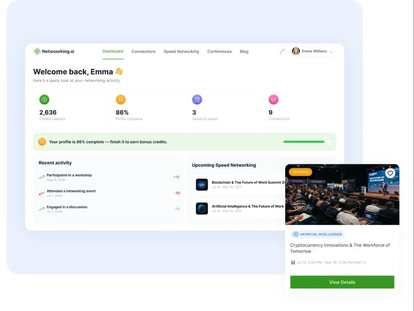 Netwoorking AI dashboard with credits, profile completion, recent activity and upcoming speed networking events