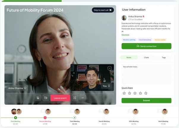 A Netwoorking AI speed-networking call: the matched member's video, their profile and bio, and the notes and rating panel.