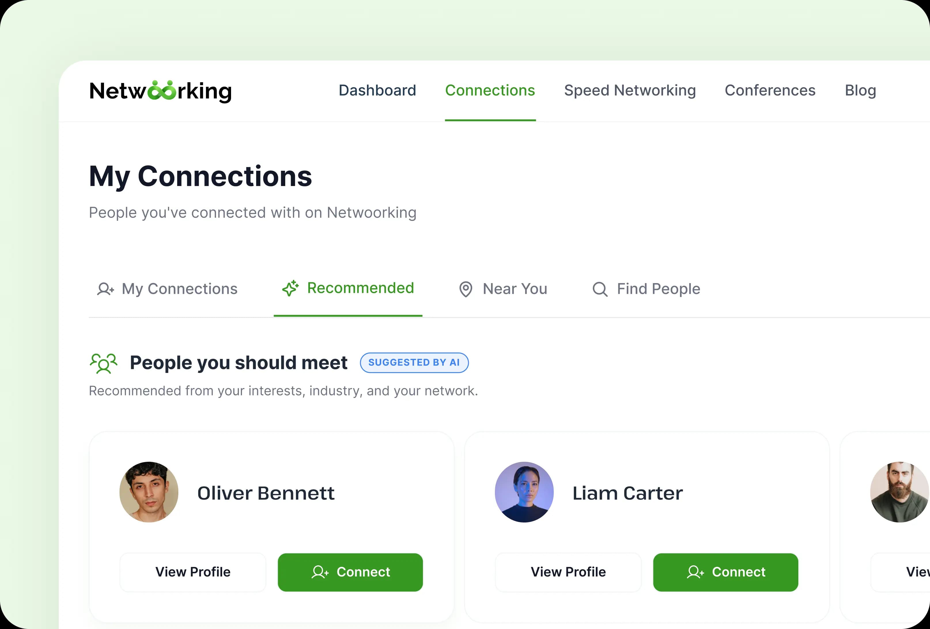 The Connections screen recommending people you should meet, each with View Profile and Connect actions