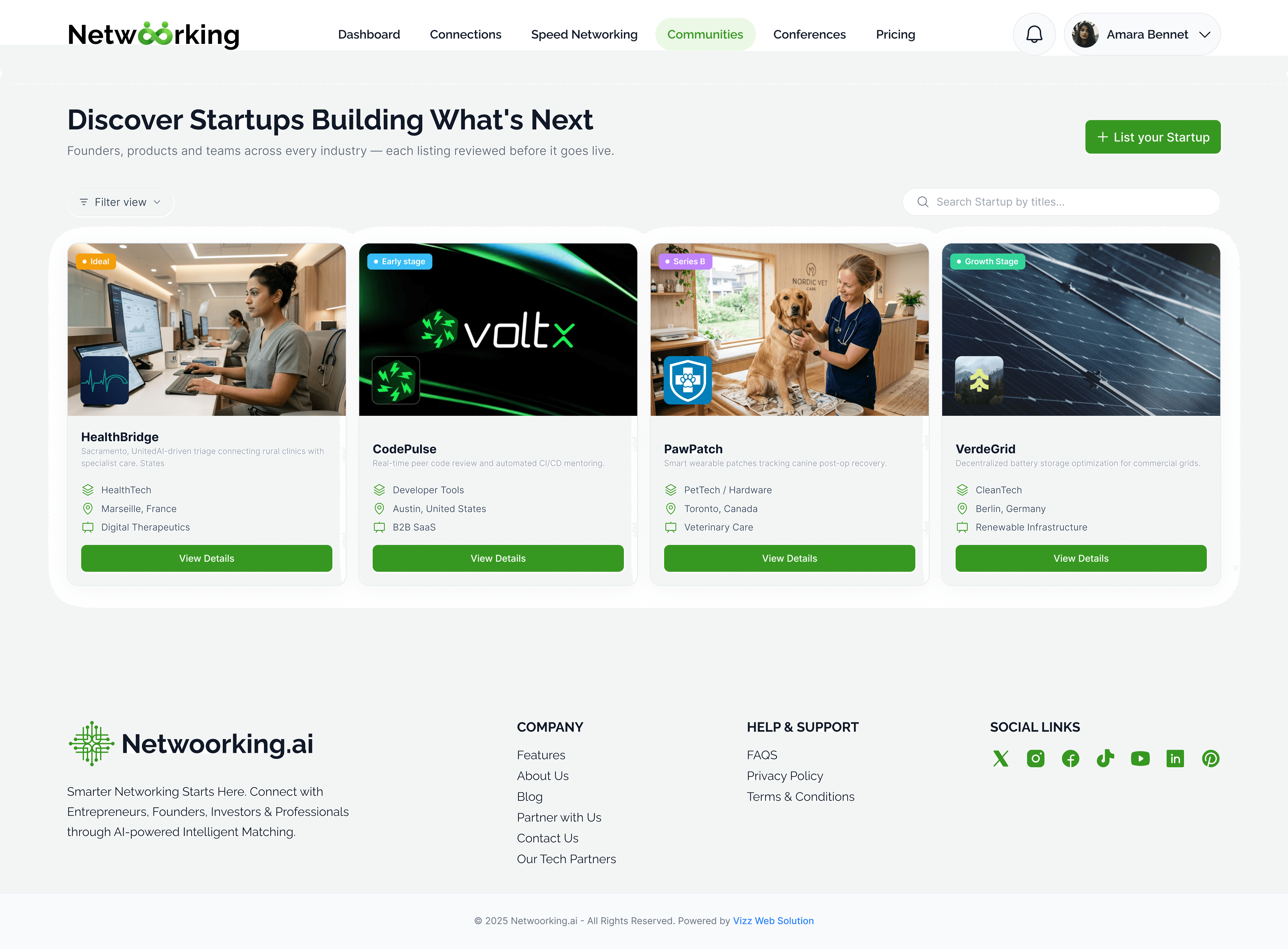 The Netwoorking.ai startup directory showing HealthBridge, CodeMentor360 and PawPatch
