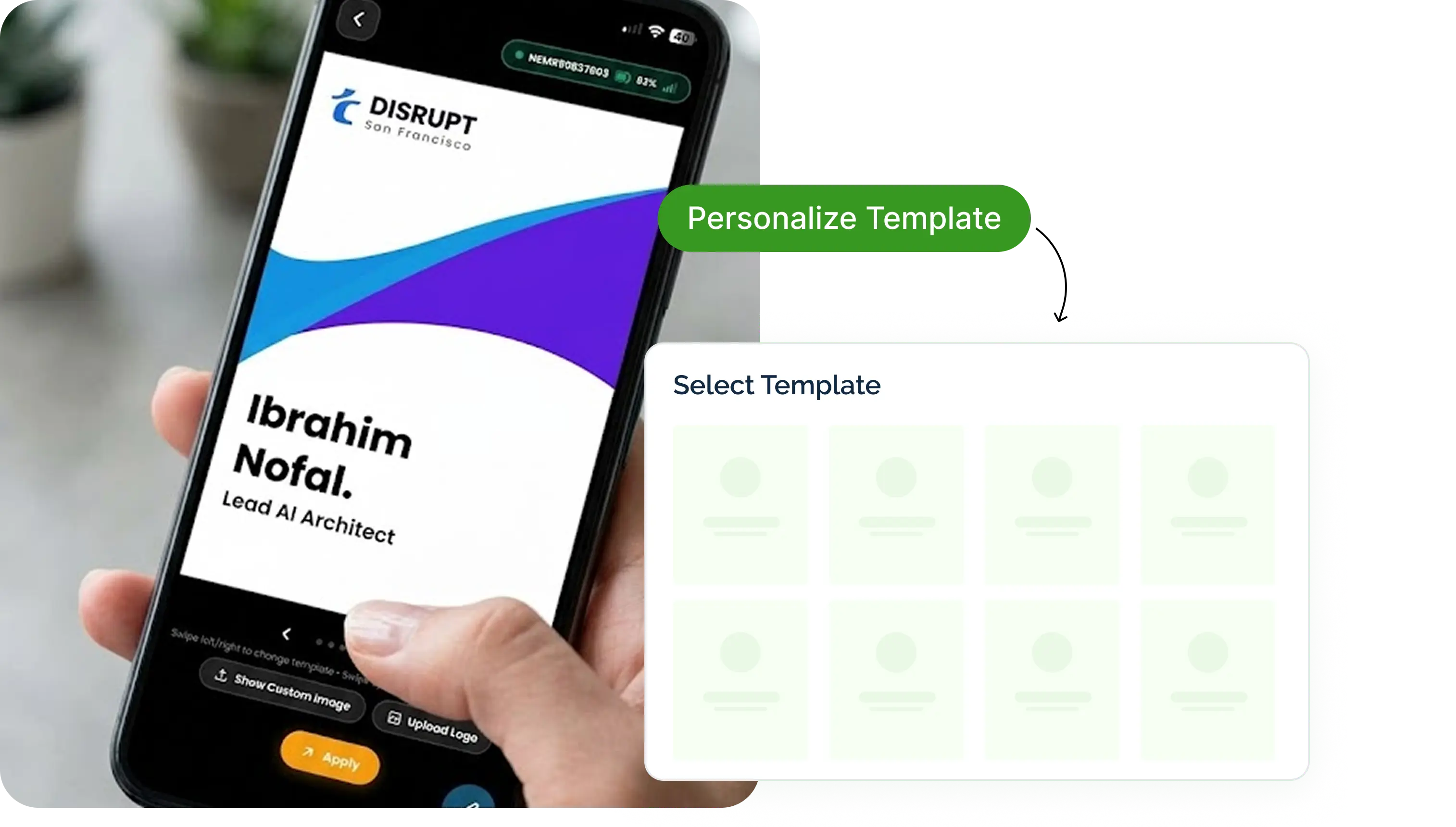A phone showing a badge template being personalised, next to a template picker
